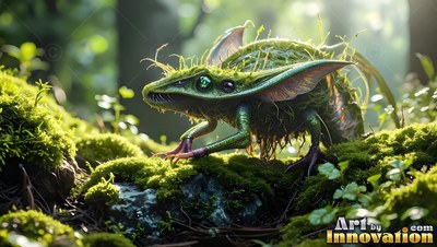 Large green eyes peek from a small mossy creature crawling across rocks in a sunny forest