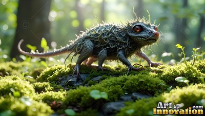 A spiny small creature walks across green moss in bright morning sunlight