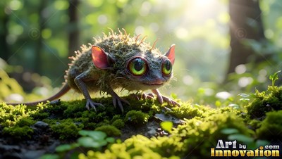 Crouched low on a mossy log in sunny woods, a spiny critter with big green eyes