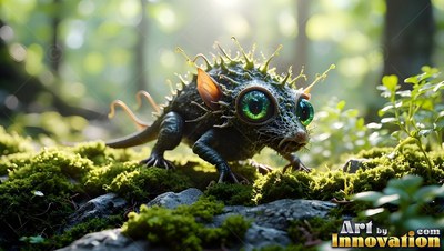 A spiky little green creature crawls across mossy rocks in the woods