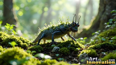 In a sunny forest, a tiny lizard creature with sprouts on its back walks on moss