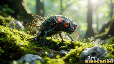 Crawling over mossy ground, a spiky green creature with big round eyes pauses in the woods