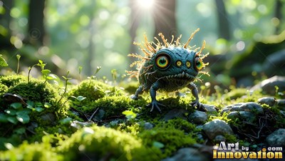 A tiny spiky creature stands on green moss in the sunlit woods