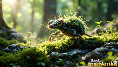 Sprouts of moss cover the back of a tiny creature walking across damp rocks in a sunny green forest