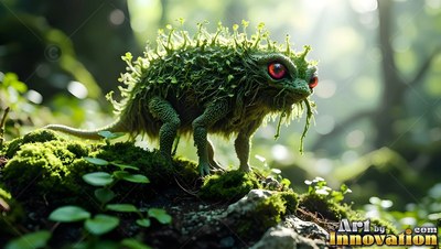 A spiny moss-covered lizard stands on a rock in soft green woodland sunlight
