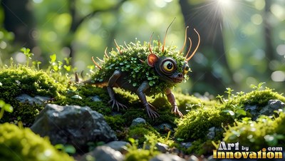 Crawling low across mossy rocks, a tiny big-eyed creature in bright forest light