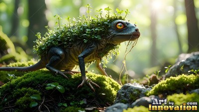 A small lizard creature covered in green sprouts stands on a sunny mossy rock