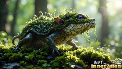 In a sunlit forest, a mossy green reptile creature crawls on a log