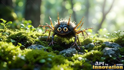 Crawling on bright moss, a spiky round creature with big eyes pauses in the woods
