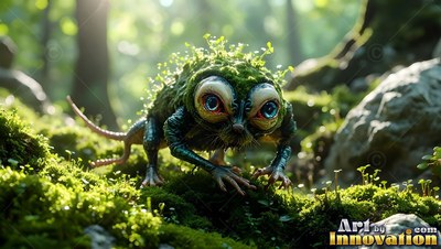 Mossy creature with huge blue eyes crawling on the forest floor