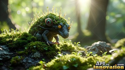 Moss sprouting from its back, a tiny reptilian creature sits on a sunny forest log