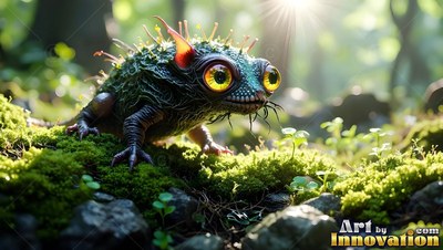 A spiny green critter crawls over moss in the bright sunlight