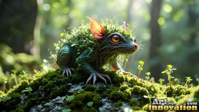 Crouched on a mossy rock in the woods, a green lizard creature rests in sunlight