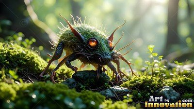 A spiky green critter with big orange eyes perches on a mossy rock in the woods
