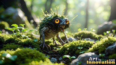 In a sunlit forest, a tiny mossy creature with big yellow eyes crawls on rocks