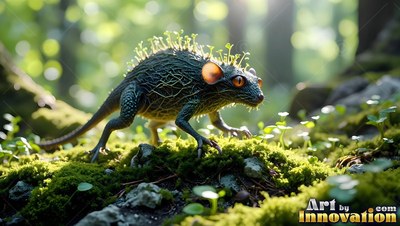 Crawling over green moss, a small spiny creature with orange eyes creeps through sunny woods