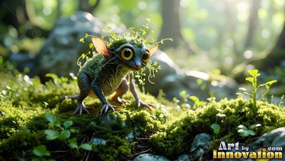 A tiny big-eyed green creature stands on moss in sunlight