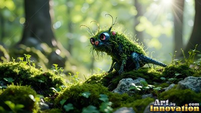 Pink eyes peek from a green moss-covered critter crouching on a sunny forest floor