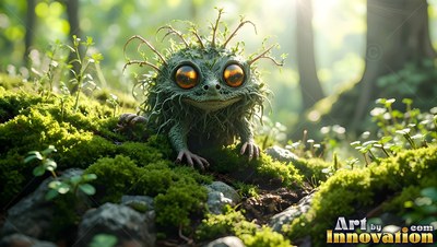 A small mossy creature crawls forward on green moss under warm yellow sunlight