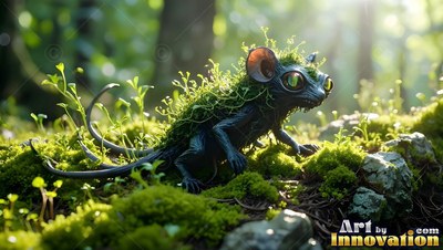 Crouching on green moss in the forest, a small dark mouse has sprouts on its back