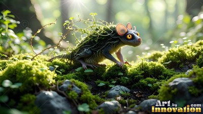 A small mouse-like creature with green sprouts on its back walks across moss