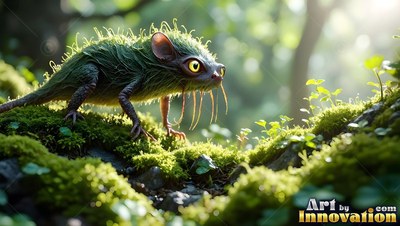 On a mossy forest floor, a small green spiny creature perches in bright sunlight