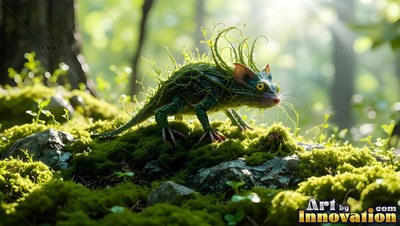 Creeping over green moss, a spiky green creature pauses in the sunlit woods