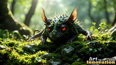 A tiny spiny creature with red eyes crouching on green moss in the woods