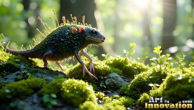Sprouts grow from the back of a small lizard-like creature walking on green moss in the woods