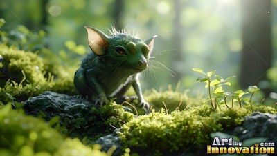 A green spiky creature crouches on mossy ground in soft sunlight