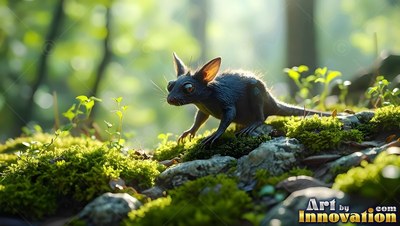 Crouching on mossy rocks, a small dark creature looks ahead in sunlight
