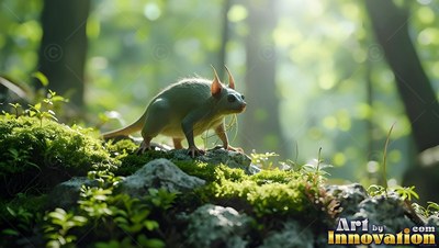 A small pale creature with pointy ears stands on a mossy rock in soft sunlight