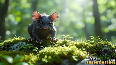 On a sunny mossy rock, a small dark mouse with big ears crouches forward