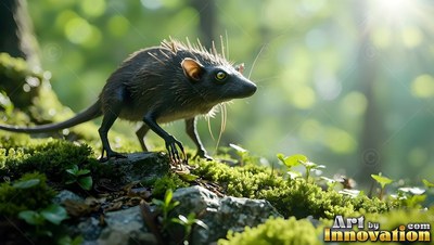 Prowling on green moss, a spiky gray rodent creeps through sunny woods