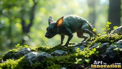 Small furry creature with big ears creeps along mossy rocks