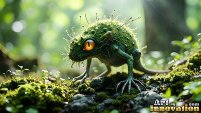 A mossy spiky green critter with a large amber eye creeps across rocky forest ground
