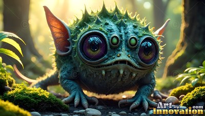 A spiky green creature crouches on the mossy ground in soft yellow sunlight