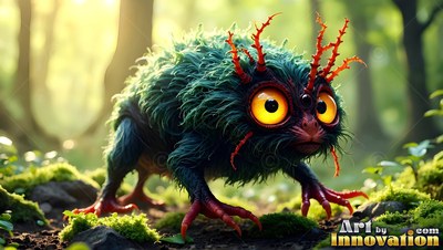 Crouched low in a bright forest, a furry green creature watches with big yellow eyes