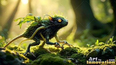 A tiny mossy creature with yellow eyes crawls across rocks in sunlight