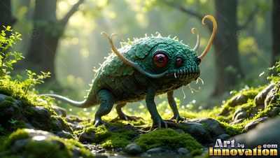 In a sunlit forest, a green creature with red eyes walks across mossy stones