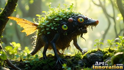 Perched on a mossy log, a small horned creature with yellow wings crawls forward