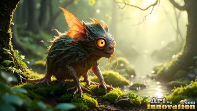 Small winged creature with big yellow eyes sits on moss in sunlight