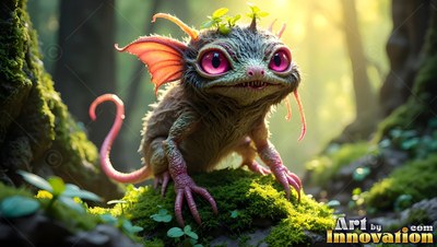 Large pink eyes mark a small fuzzy reptile critter standing on a green mossy rock in sunlight
