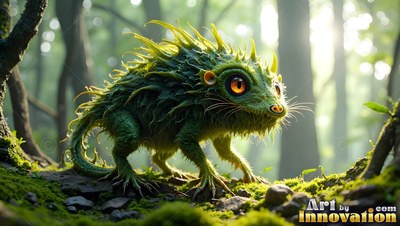 A spiky green critter walks along a mossy log under bright yellow sunlight