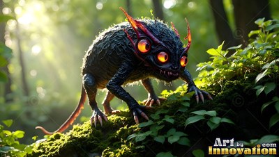 Crouching on a mossy log in a forest, a dark creature glares with four orange eyes