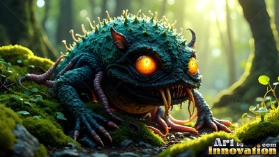 A spiky green monster with huge yellow eyes crawls through a sunny forest moss