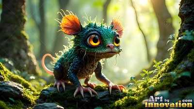 In a sunlit forest, a spiky green creature crouches on a mossy rock