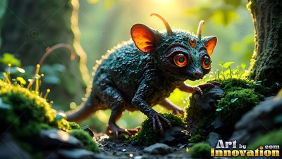 Creeping on mossy rocks, a three-eyed horned critter walks in green woods