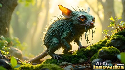 A shaggy green creature with big orange eyes stands on mossy rocks