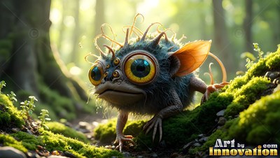 Huge yellow eyes stare out from a fuzzy round critter climbing over green moss in a bright forest